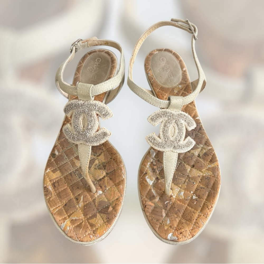 CHANEL Beige and Gold Sandals